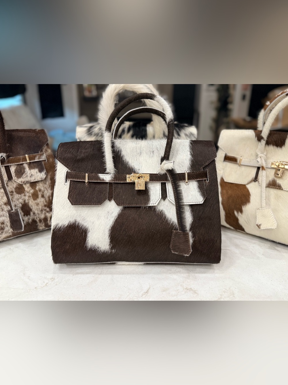 Genuine Cowhide Handbag | Dark Chocolate & White | Gold Hardware